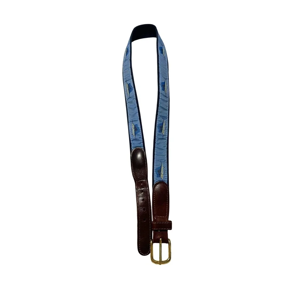 Preston Brown Leather Blue Woven Sailfish Ribbon Belt with Brass Buckle L